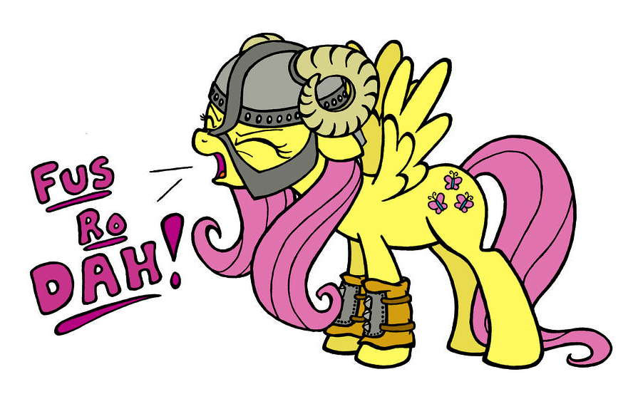 Drawing of Skyrim Fluttershy by plaidsandstripes, my little pony in iron armor, a helmet with mask covering top half of the little ponies face and horns, with studded shin gaurds